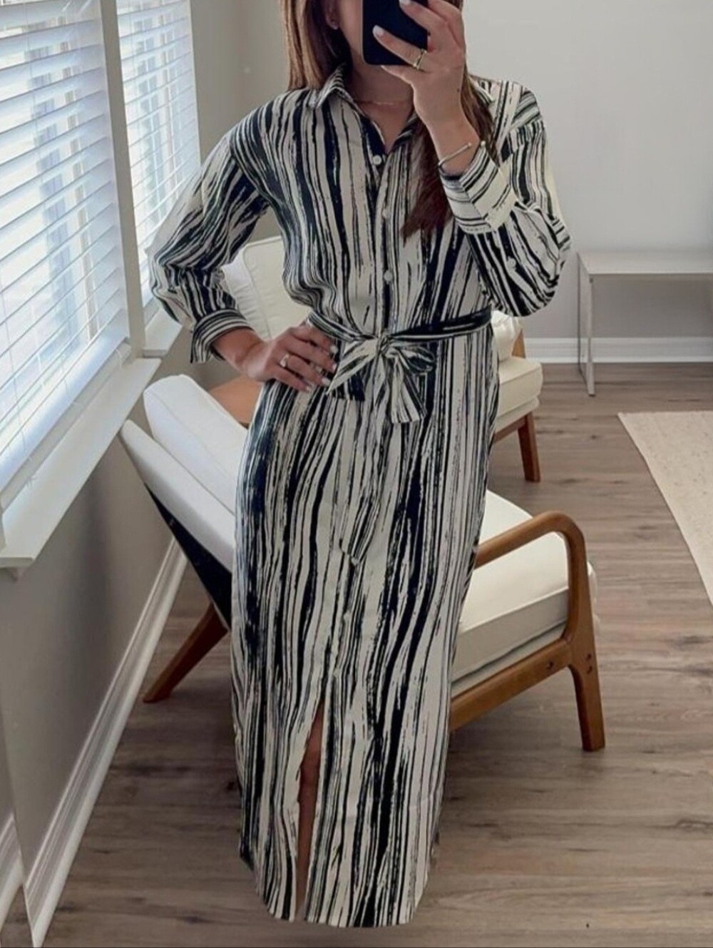 Banana Republic Black & White Brushstroke Maxi Longsleeve Shirt Dress